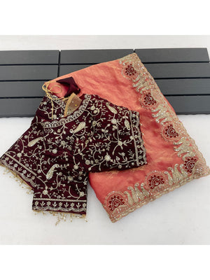 Peachmode Peach Embroidered Fendy Satin Silk Saree With Stitched Blouse - Image 2