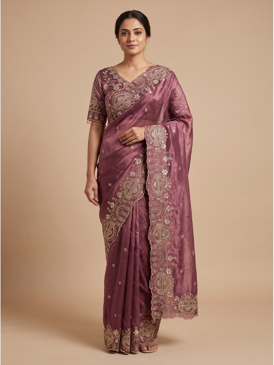 Peachmode Dusty Pink Embroidered Fendy Satin Silk Saree With Stitched Blouse - Image 1
