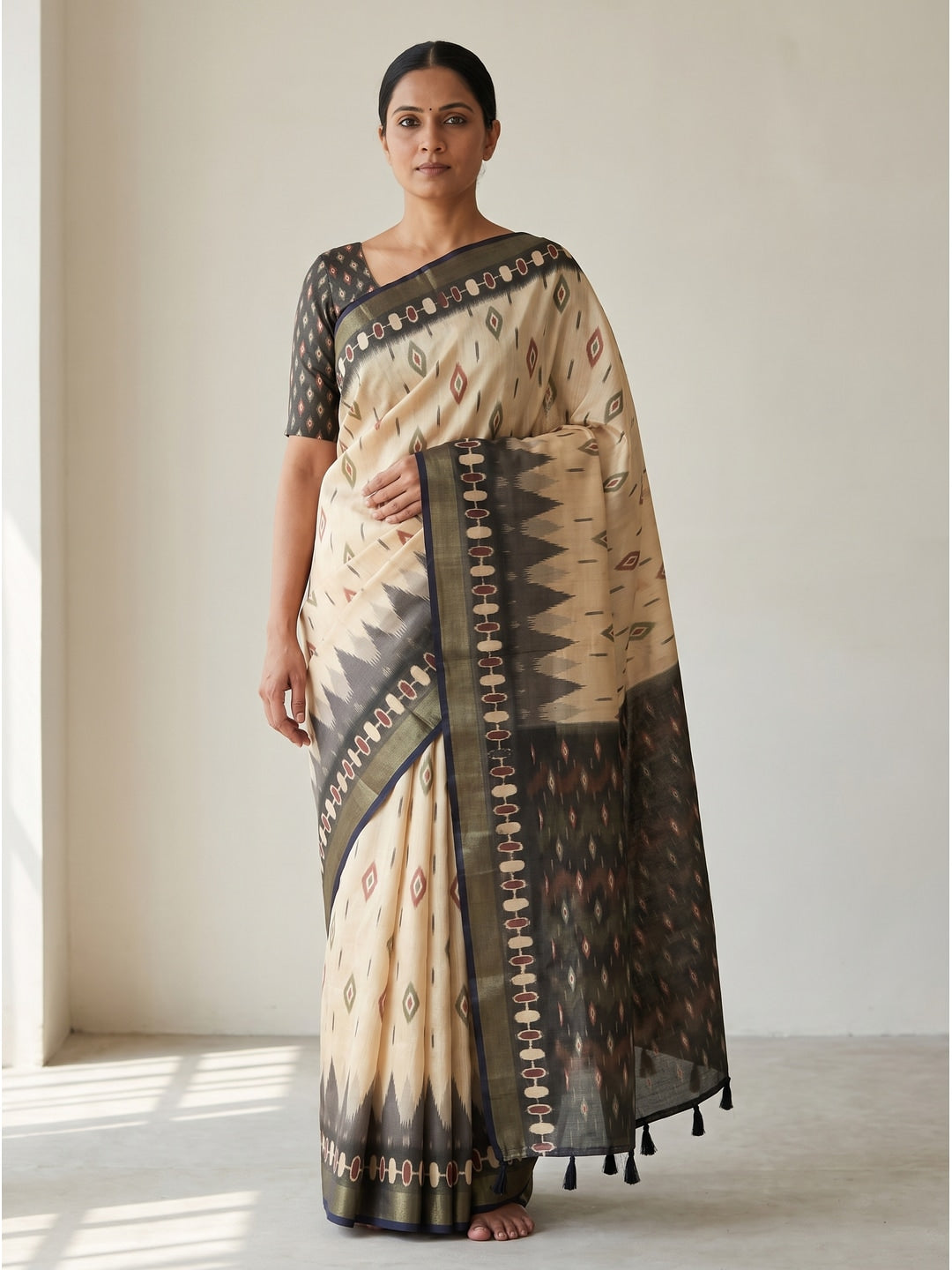 Peachmode Cream Digital Printed Silk Blend Saree - Image 1