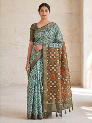 Peachmode Sea Green Digital Printed Silk Blend Saree - Image 1
