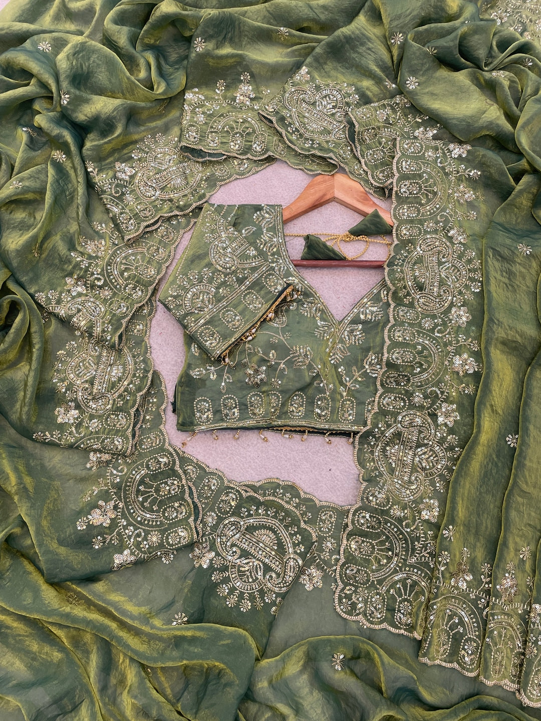 Peachmode Green Embroidered Fendy Satin Silk Saree With Stitched Blouse - Image 5