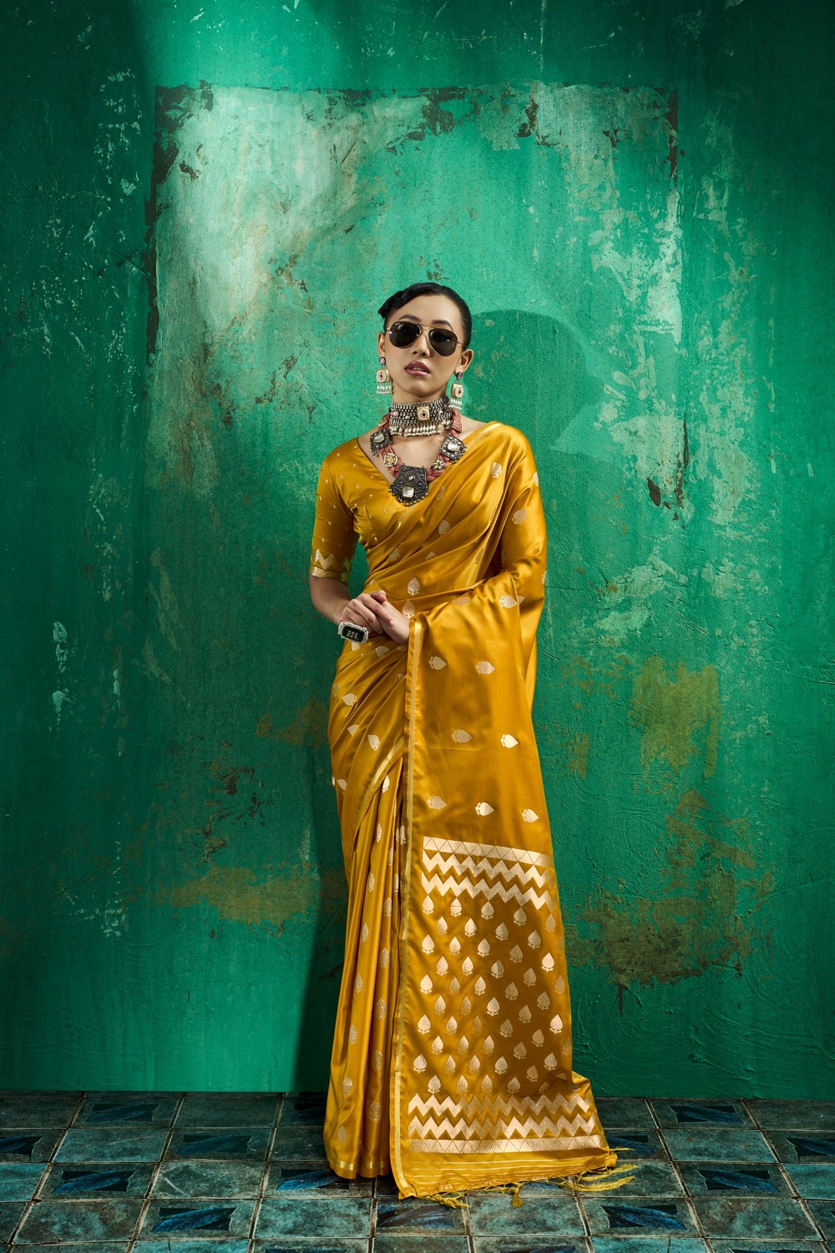 Peachmode Mustard Satin Handloom Woven Saree - Image 1