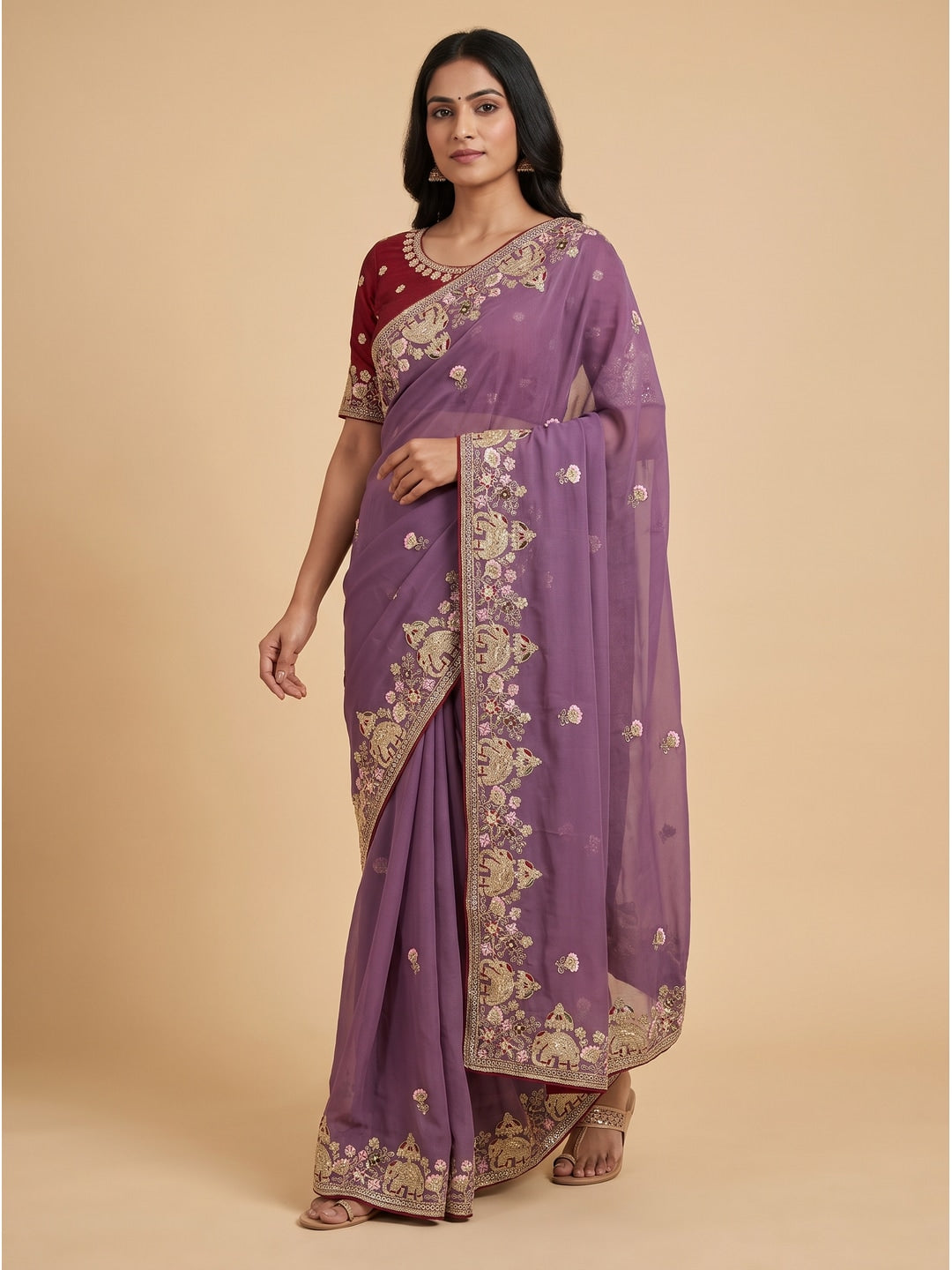 Peachmode Lavender Elephant Embroidered Georgette Silk Saree - Image 1