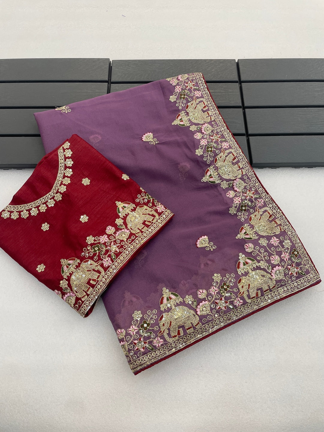 Peachmode Lavender Elephant Embroidered Georgette Silk Saree - Image 2