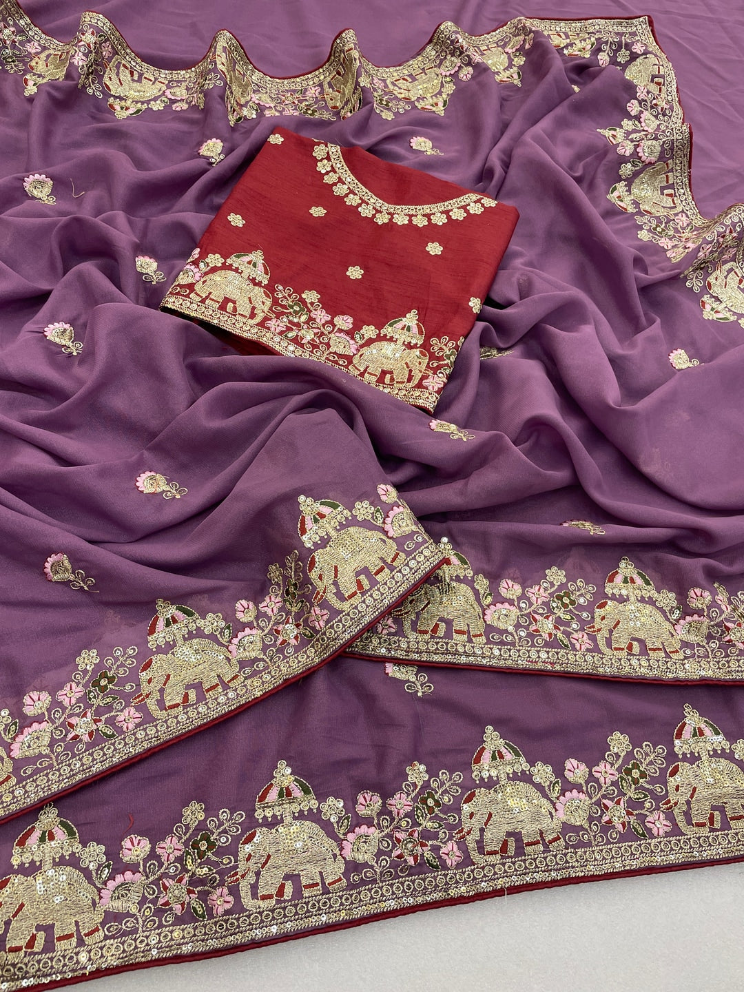 Peachmode Lavender Elephant Embroidered Georgette Silk Saree - Image 3