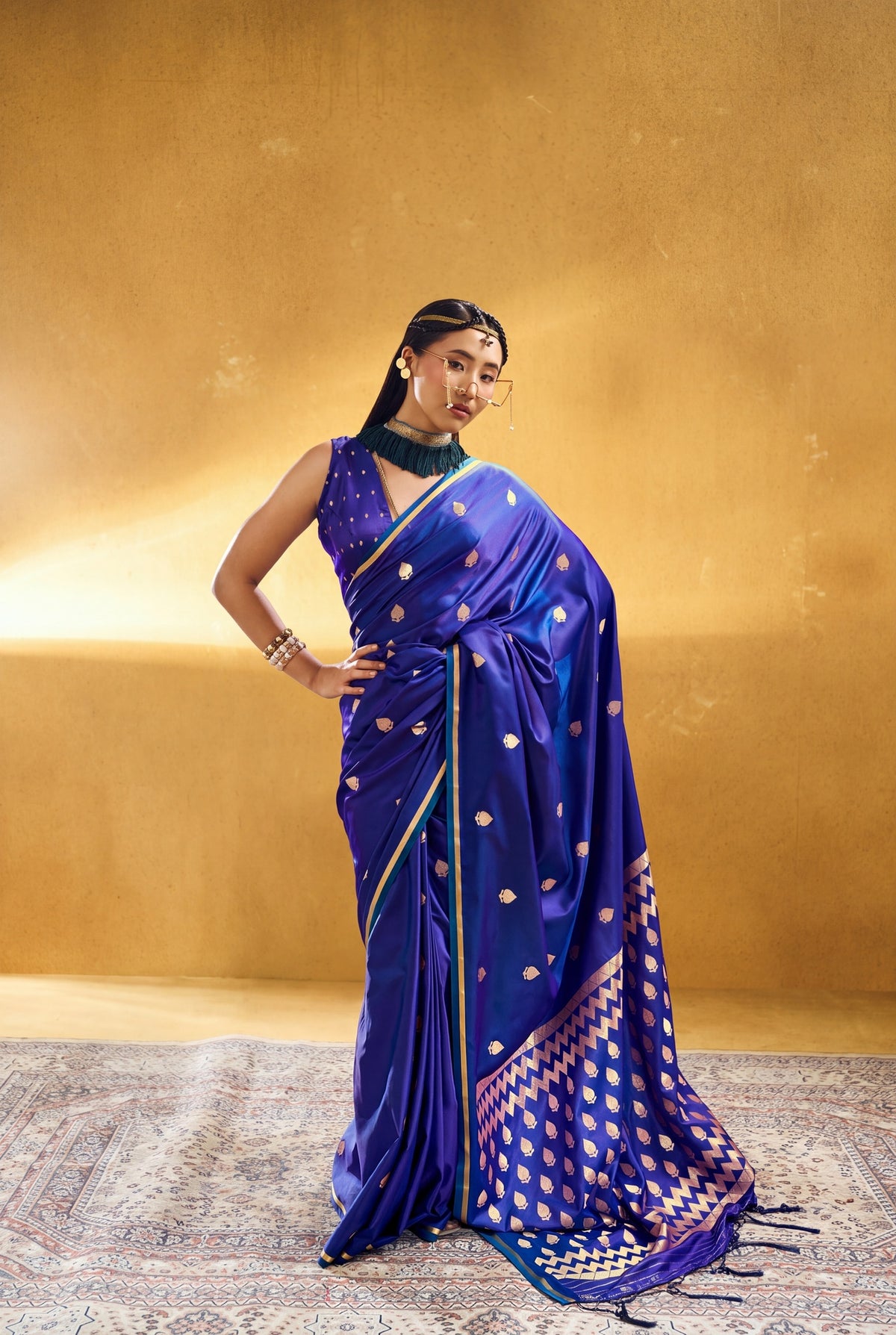 Peachmode Blue Satin Handloom Woven Saree - Image 1