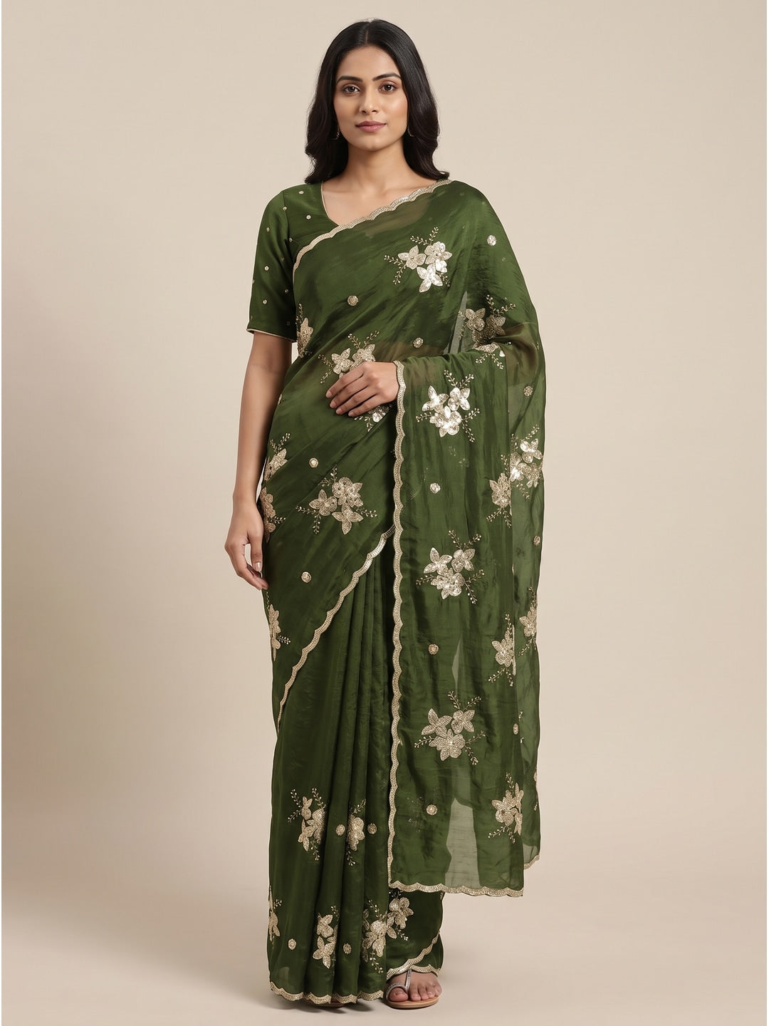 Peachmode Mehandi Green Floral Embroidered Fendy Satin Silk Saree With Blouse - Image 1
