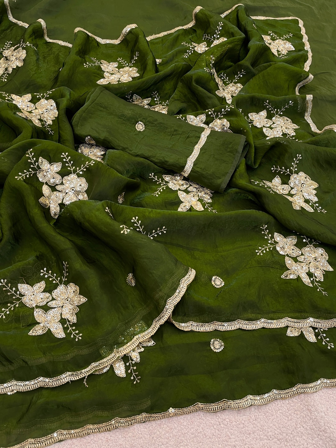 Peachmode Mehandi Green Floral Embroidered Fendy Satin Silk Saree With Blouse - Image 2