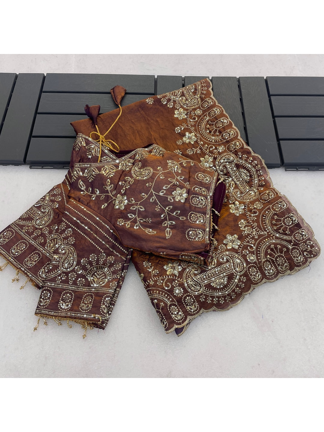 Peachmode Dusty Brown Embroidered Fendy Satin Silk Saree With Stitched Blouse - Image 2