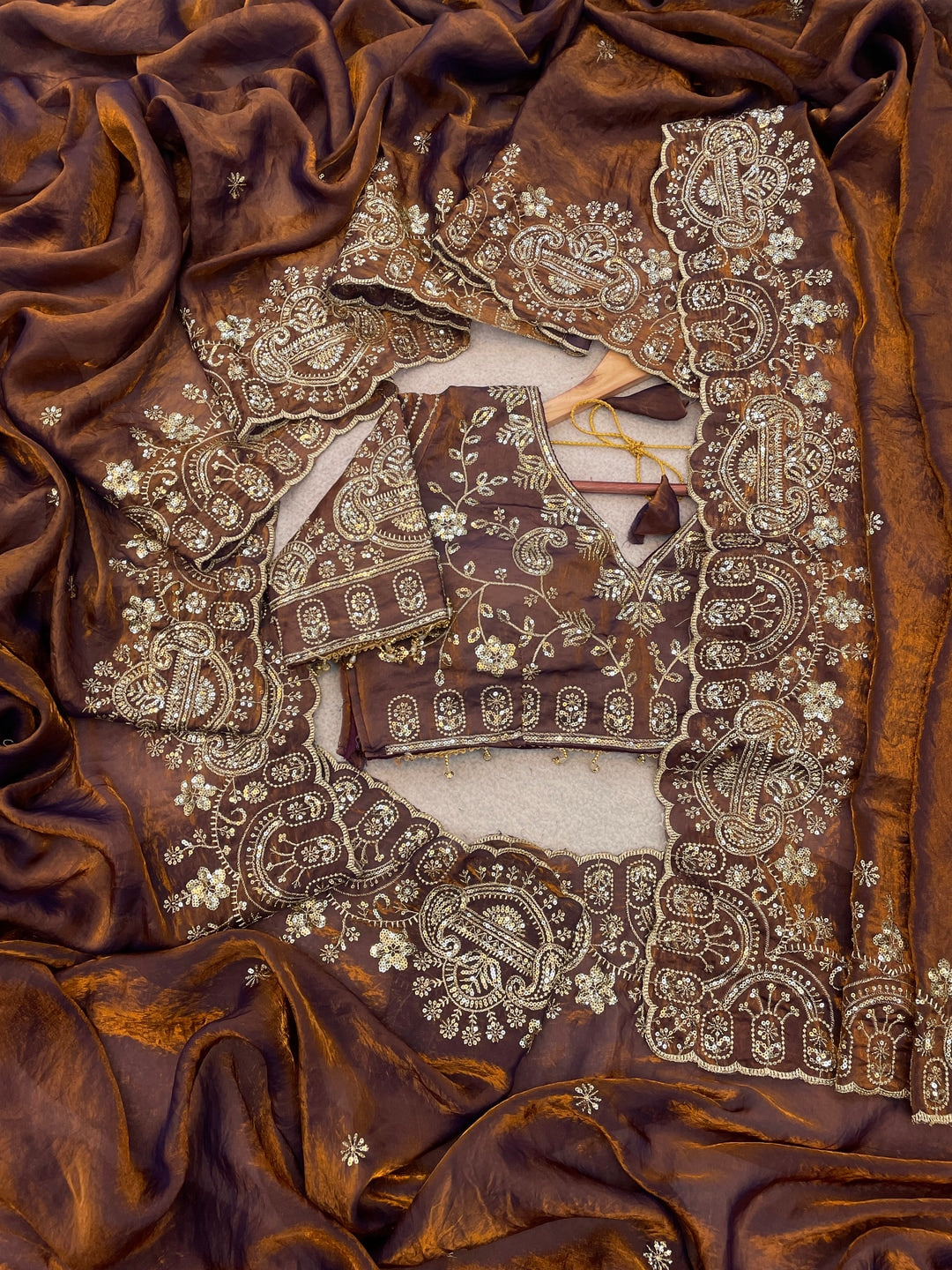 Peachmode Dusty Brown Embroidered Fendy Satin Silk Saree With Stitched Blouse - Image 5