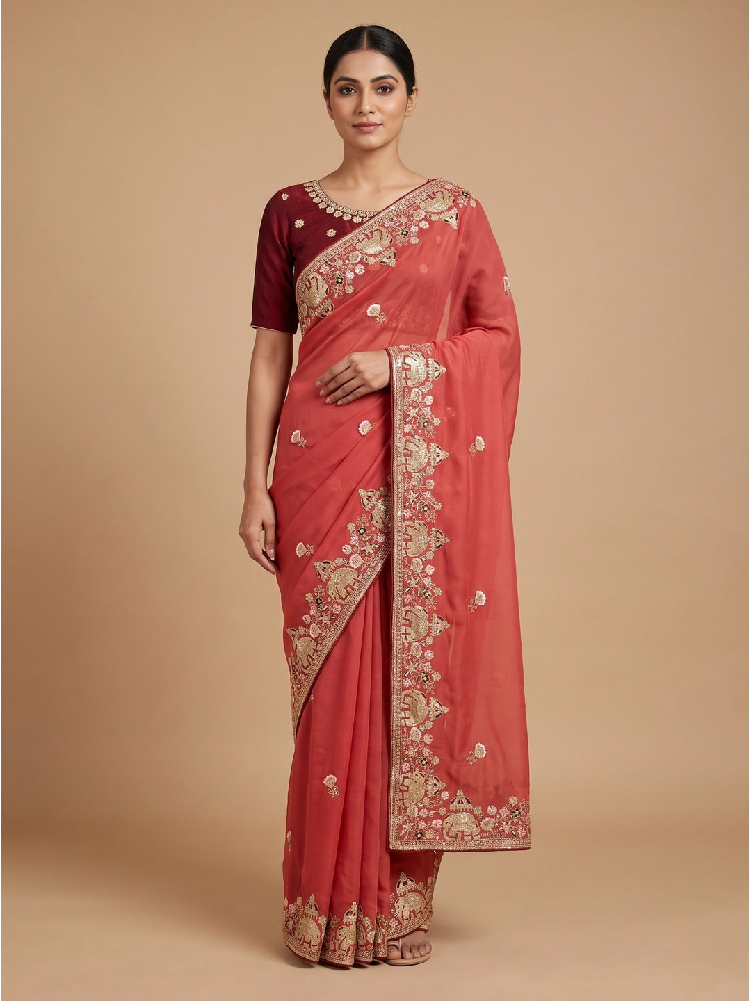 Peachmode Dusty Rust Elephant Embroidered Georgette Silk Saree - Image 1