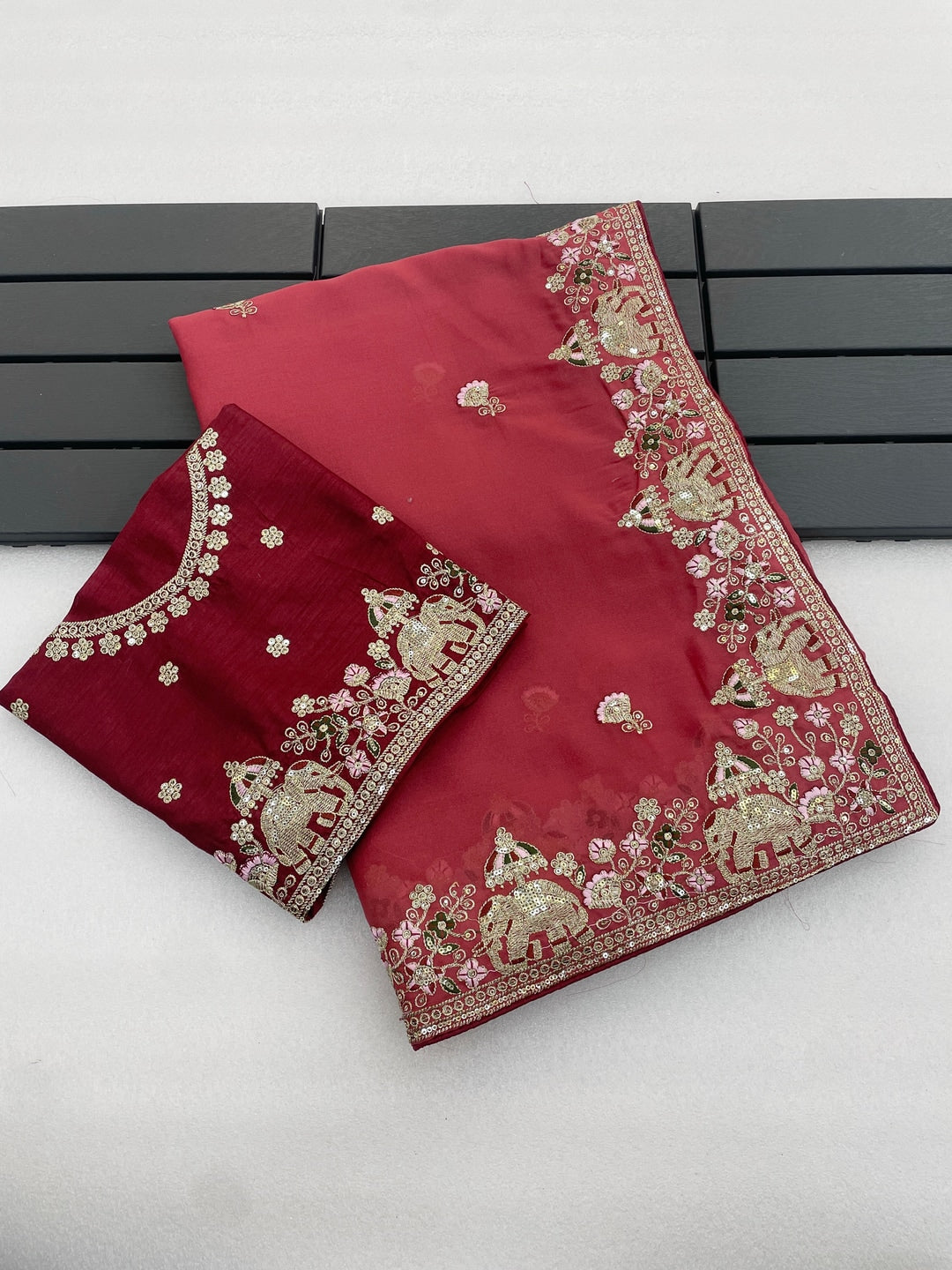 Peachmode Dusty Rust Elephant Embroidered Georgette Silk Saree - Image 2