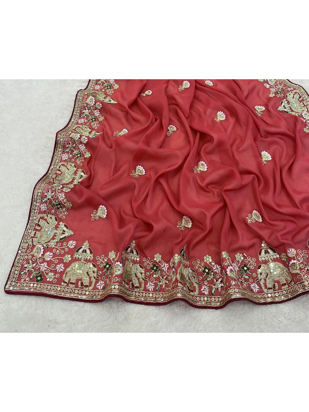Peachmode Dusty Rust Elephant Embroidered Georgette Silk Saree - Image 5