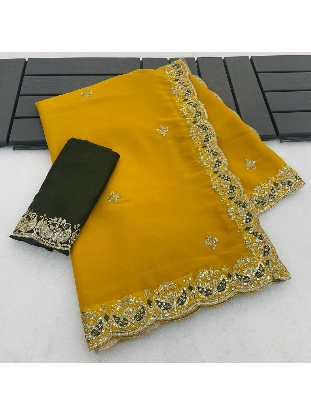 Peachmode Mustard Yellow Embroidered Georgette Silk Saree - Image 2