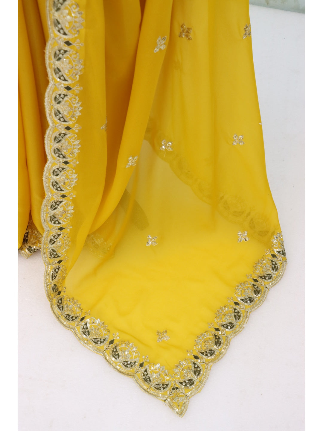 Peachmode Mustard Yellow Embroidered Georgette Silk Saree - Image 3
