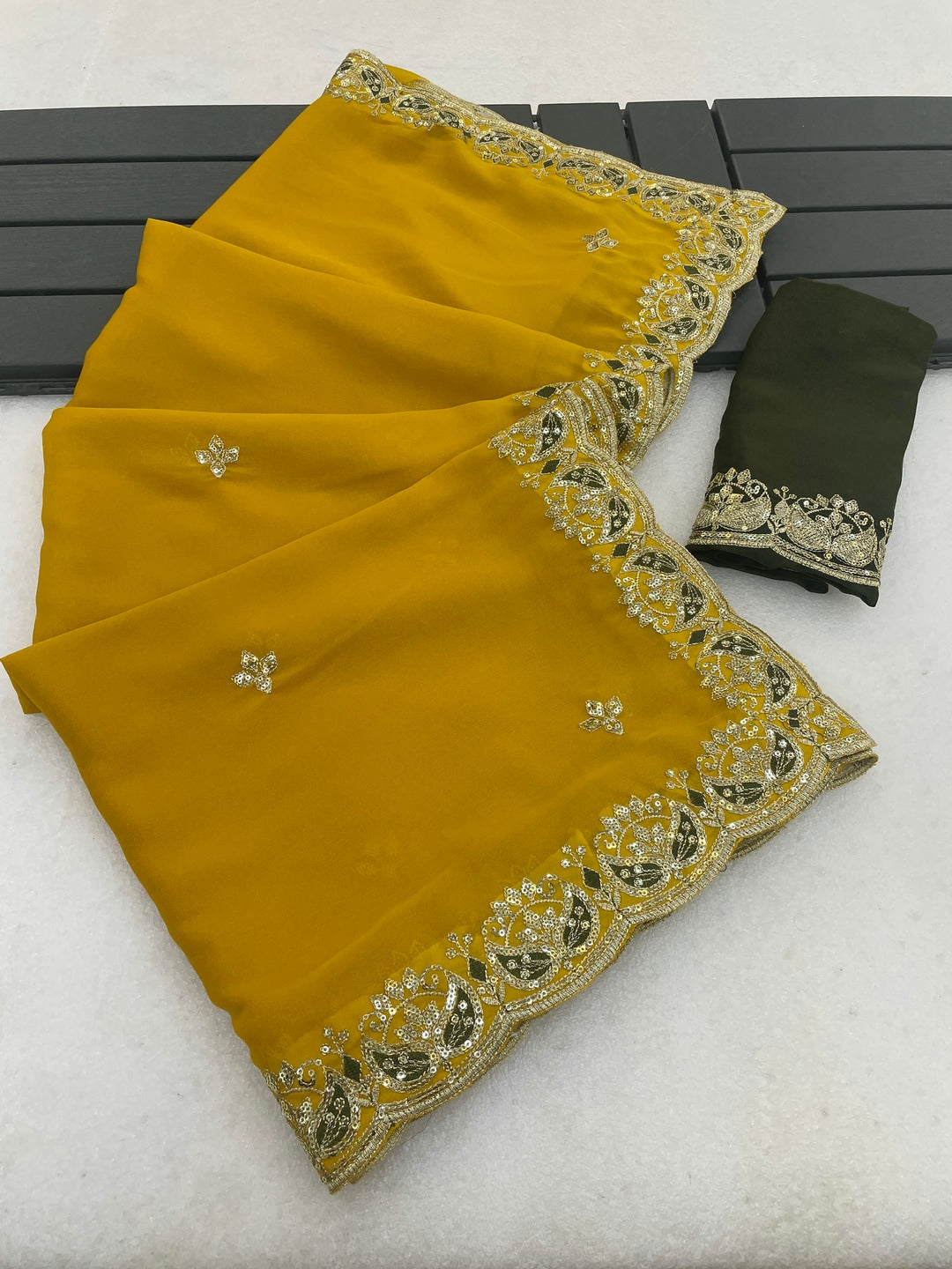 Peachmode Mustard Yellow Embroidered Georgette Silk Saree - Image 4
