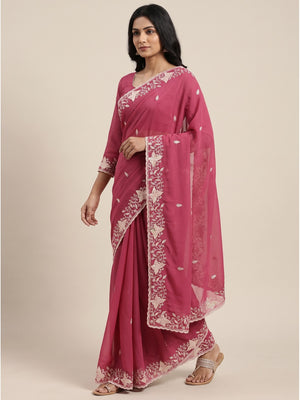 Peachmode Pink Embroidered Georgette Silk Saree - Image 1