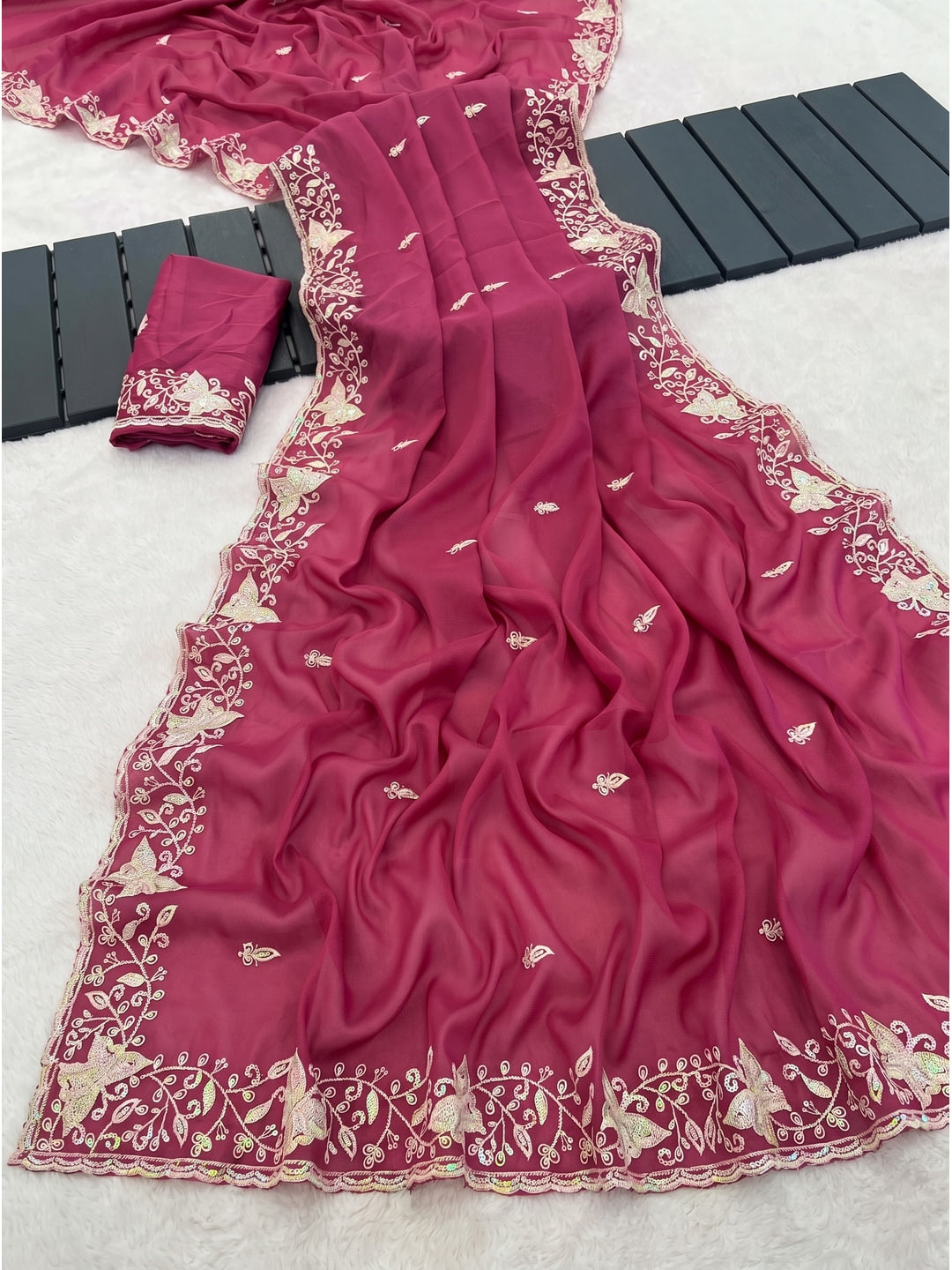 Peachmode Pink Embroidered Georgette Silk Saree - Image 3