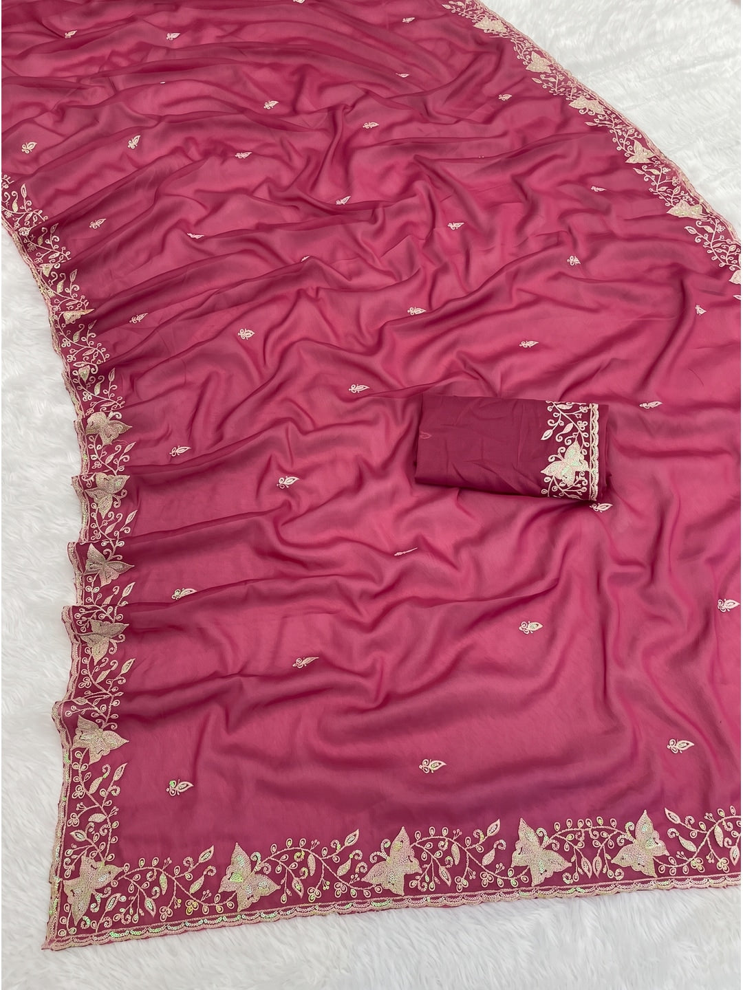 Peachmode Pink Embroidered Georgette Silk Saree - Image 4