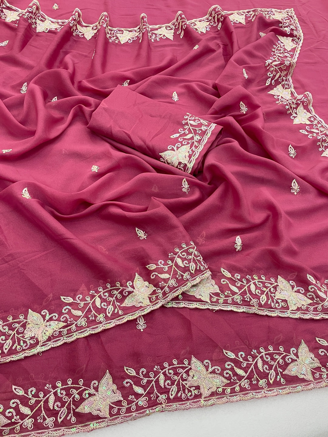 Peachmode Pink Embroidered Georgette Silk Saree - Image 5