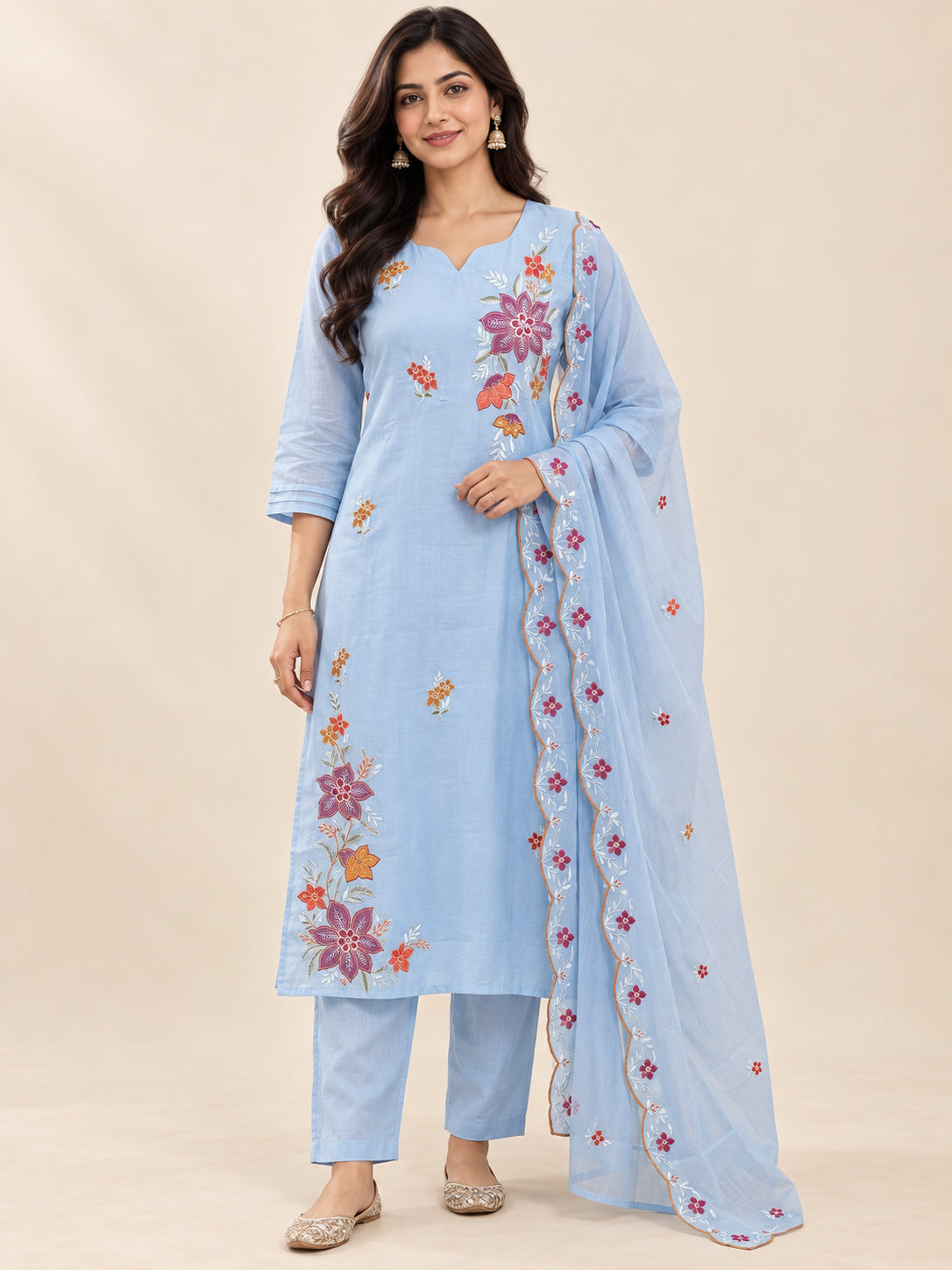 Peachmode Blue Mul Chanderi Floral Embroidered Salwar Suit - Image 1