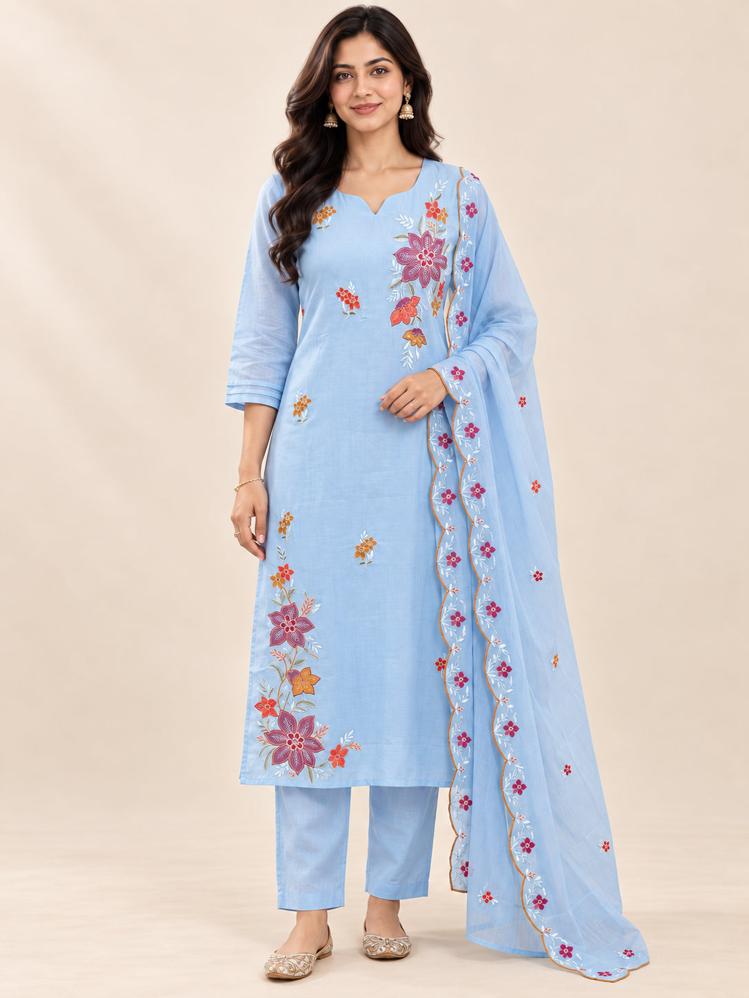 Peachmode Blue Mul Chanderi Floral Embroidered Salwar Suit - Image 2