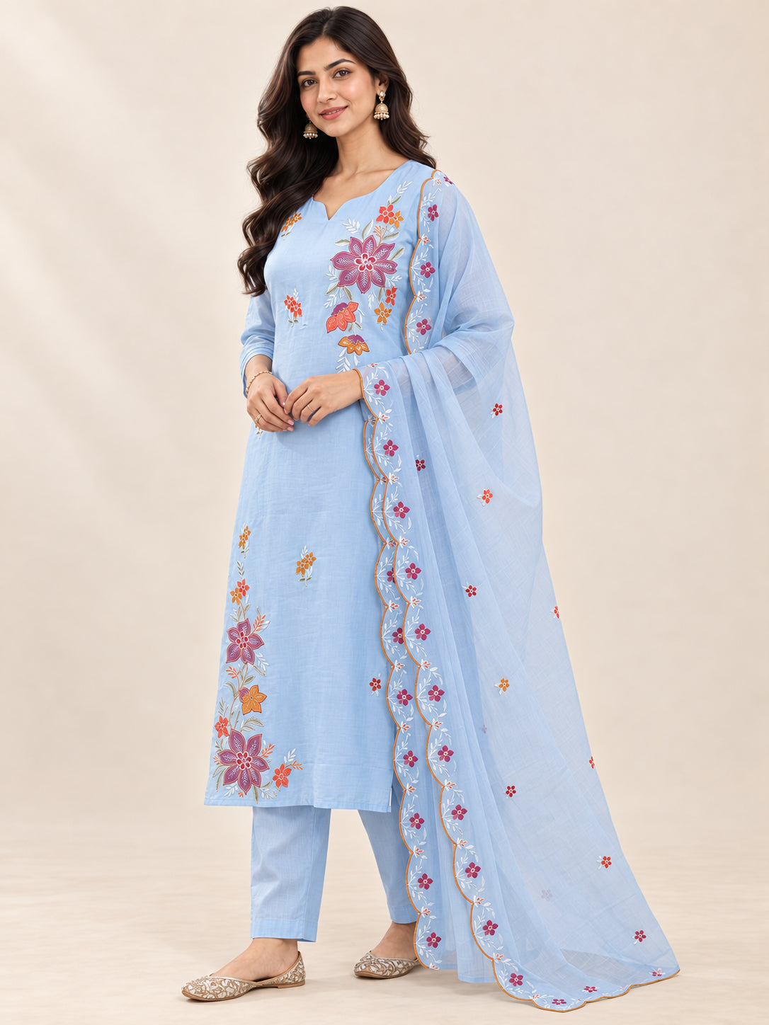 Peachmode Blue Mul Chanderi Floral Embroidered Salwar Suit - Image 3