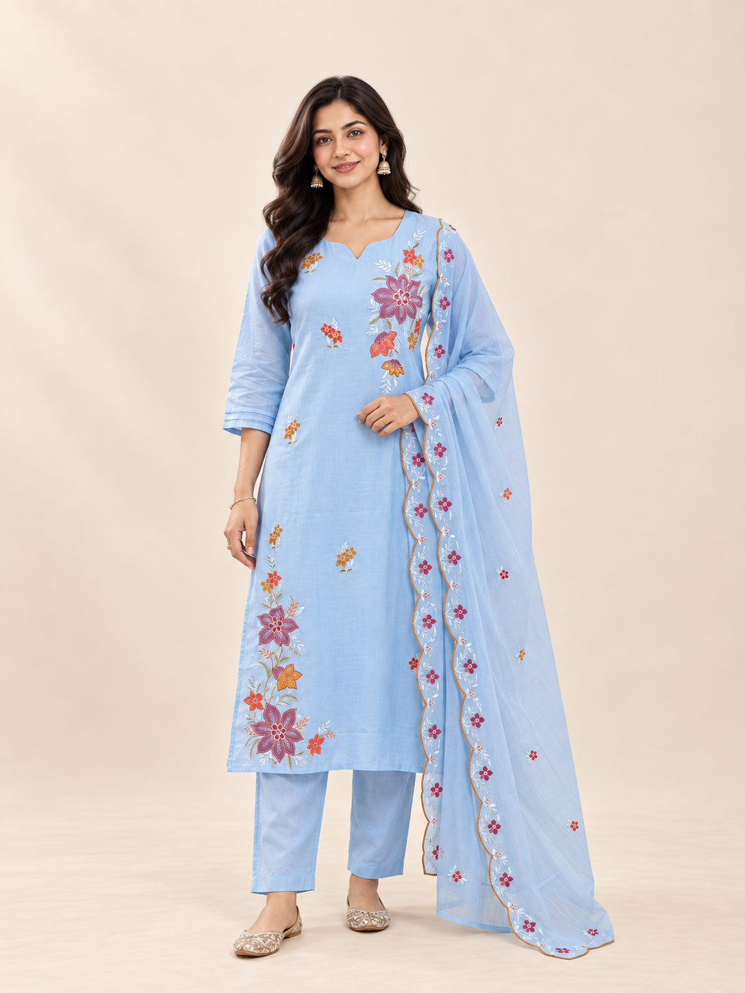 Peachmode Blue Mul Chanderi Floral Embroidered Salwar Suit - Image 5