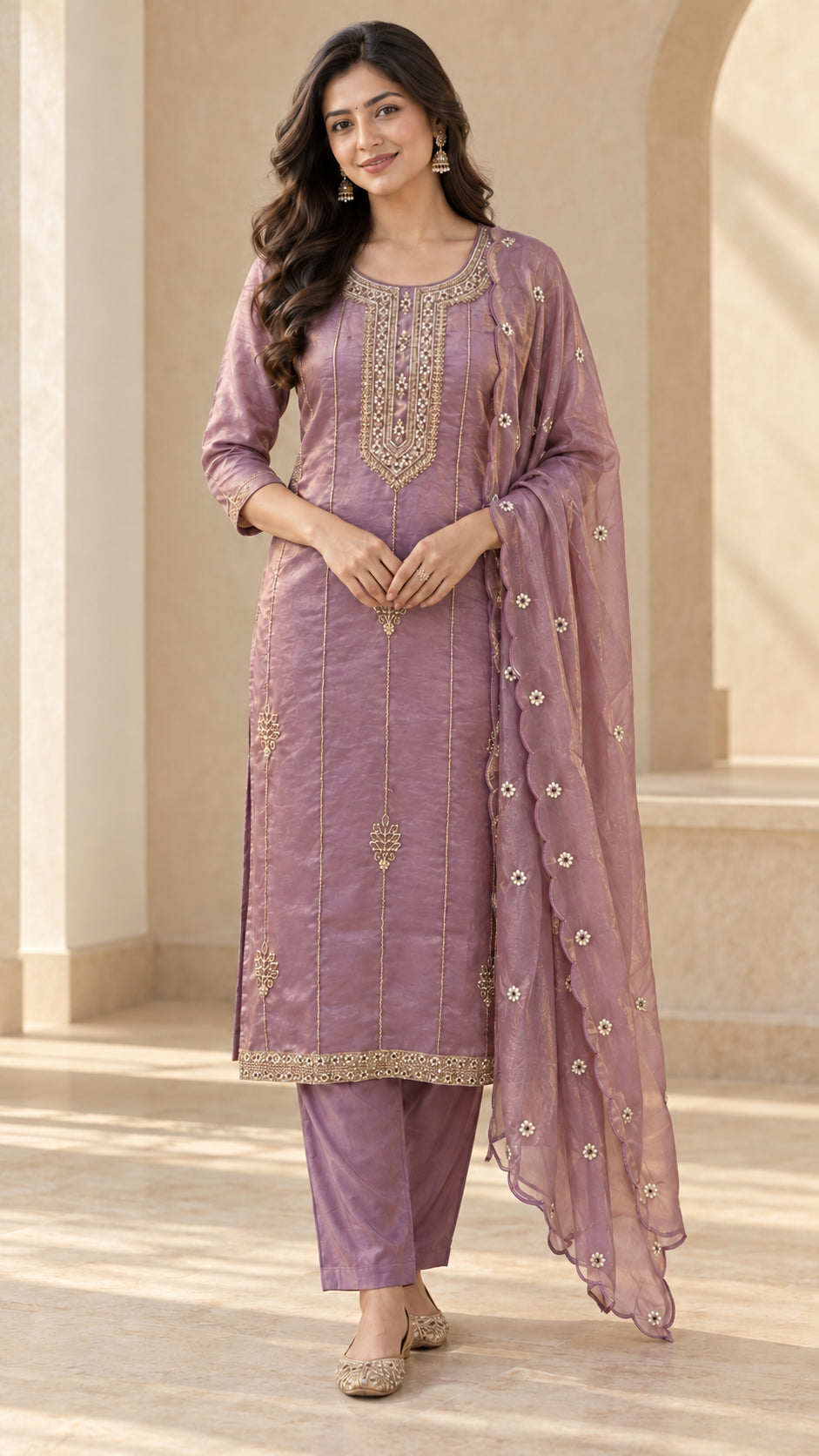Peachmode Mauve Silk Blend Gold Embroidered Salwar Suit - Image 1