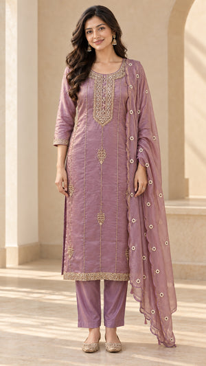 Peachmode Mauve Silk Blend Gold Embroidered Salwar Suit - Image 2