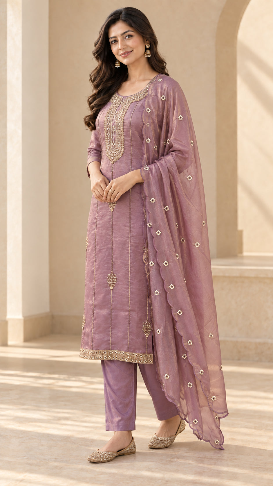 Peachmode Mauve Silk Blend Gold Embroidered Salwar Suit - Image 3