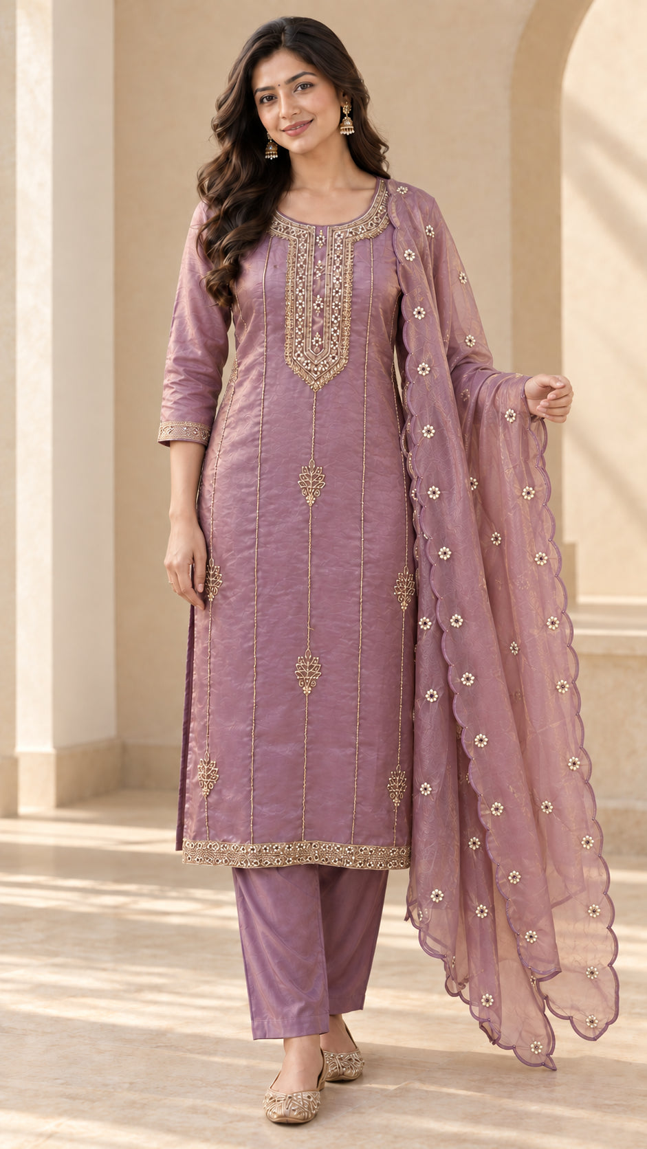 Peachmode Mauve Silk Blend Gold Embroidered Salwar Suit - Image 5