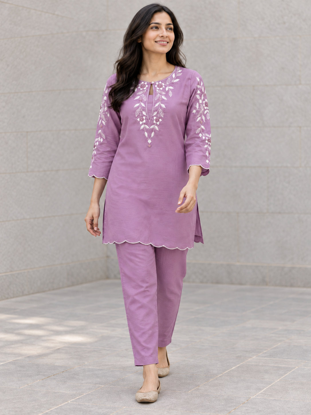 Peachmode Lavender Viscose Blend Embroidered Co-ord Set - Image 1