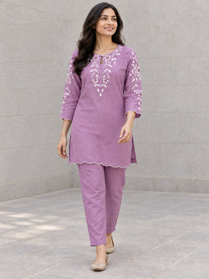 Peachmode Lavender Viscose Blend Embroidered Co-ord Set - Image 1