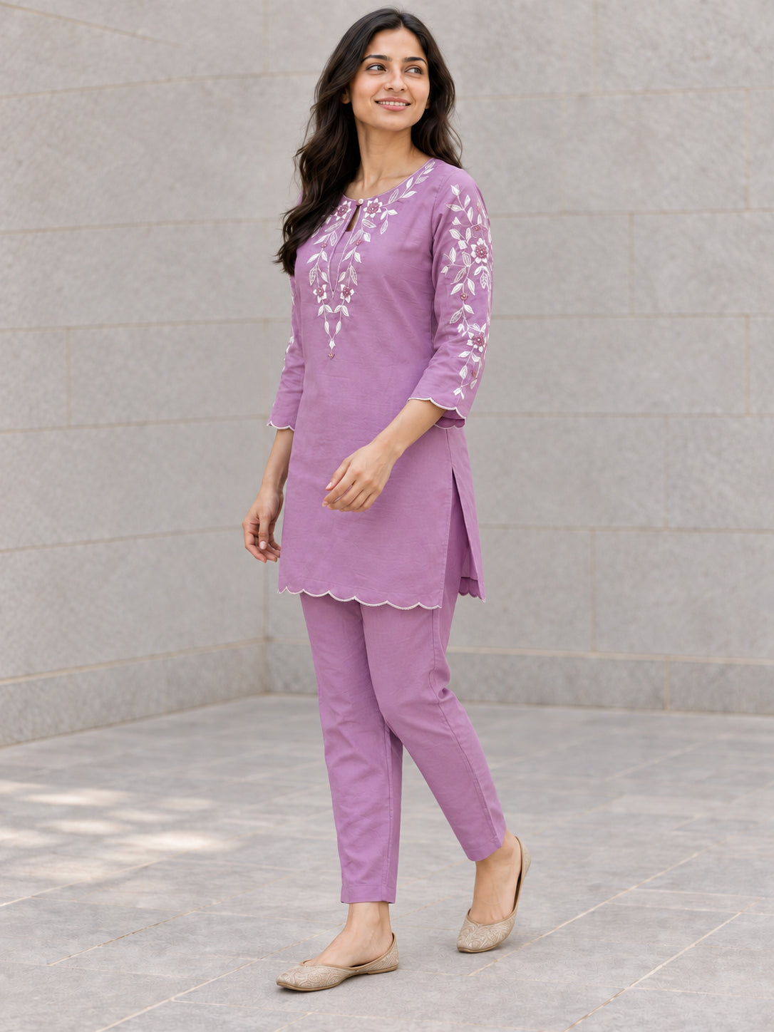 Peachmode Lavender Viscose Blend Embroidered Co-ord Set - Image 3