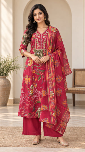 Peachmode Red Chanderi Silk Floral Embroidered Salwar Suit - Image 1