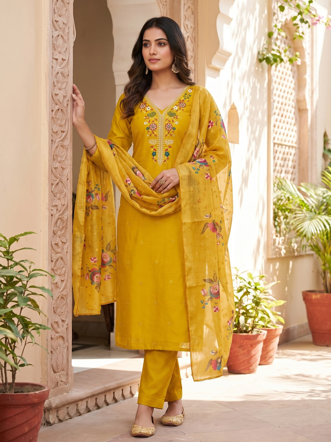 Peachmode Yellow Floral Embroidered Chanderi Silk Dress Material - Image 2