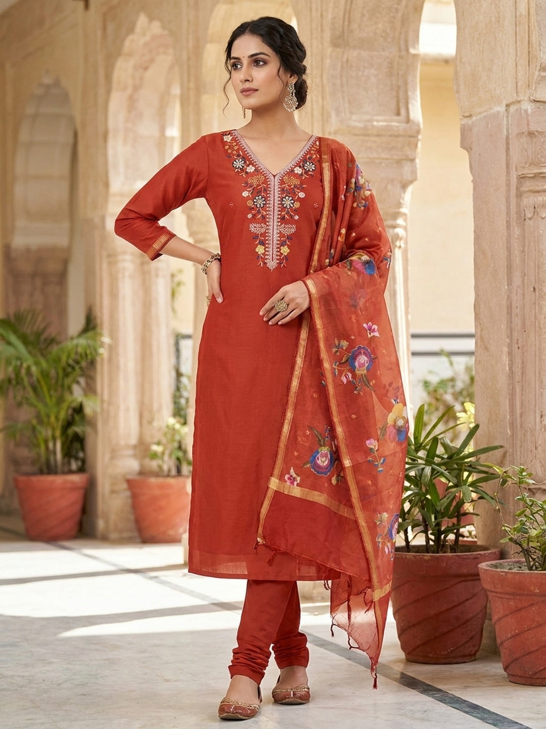 Peachmode Rust Floral Embroidered Chanderi Silk Dress Material - Image 5