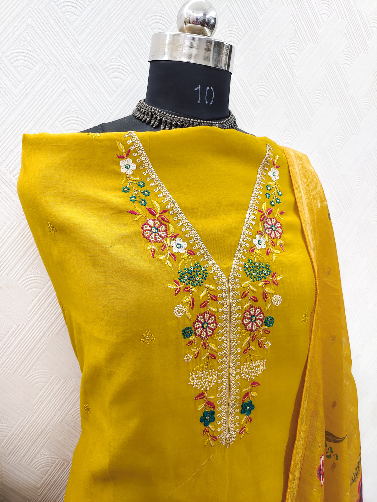 Peachmode Yellow Floral Embroidered Chanderi Silk Dress Material - Image 4