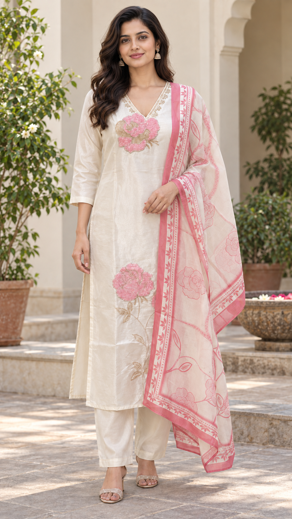 Peachmode Cream Chanderi Silk Floral Embroidered Salwar Suit - Image 2