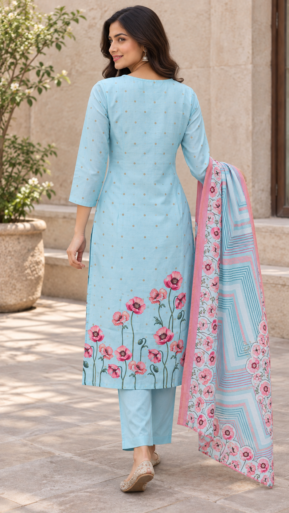Peachmode Sky Blue Viscose Blend Floral Embroidered Salwar Suit - Image 4