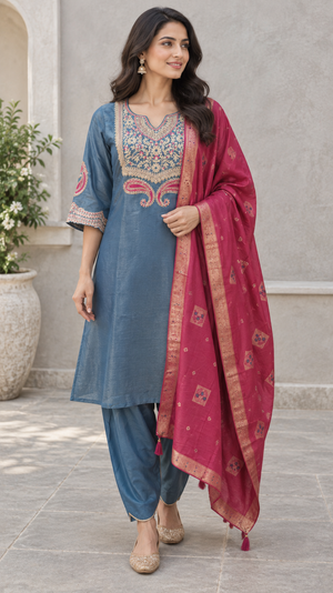 Peachmode Blue Viscose Blend Embroidered Salwar Suit - Image 1