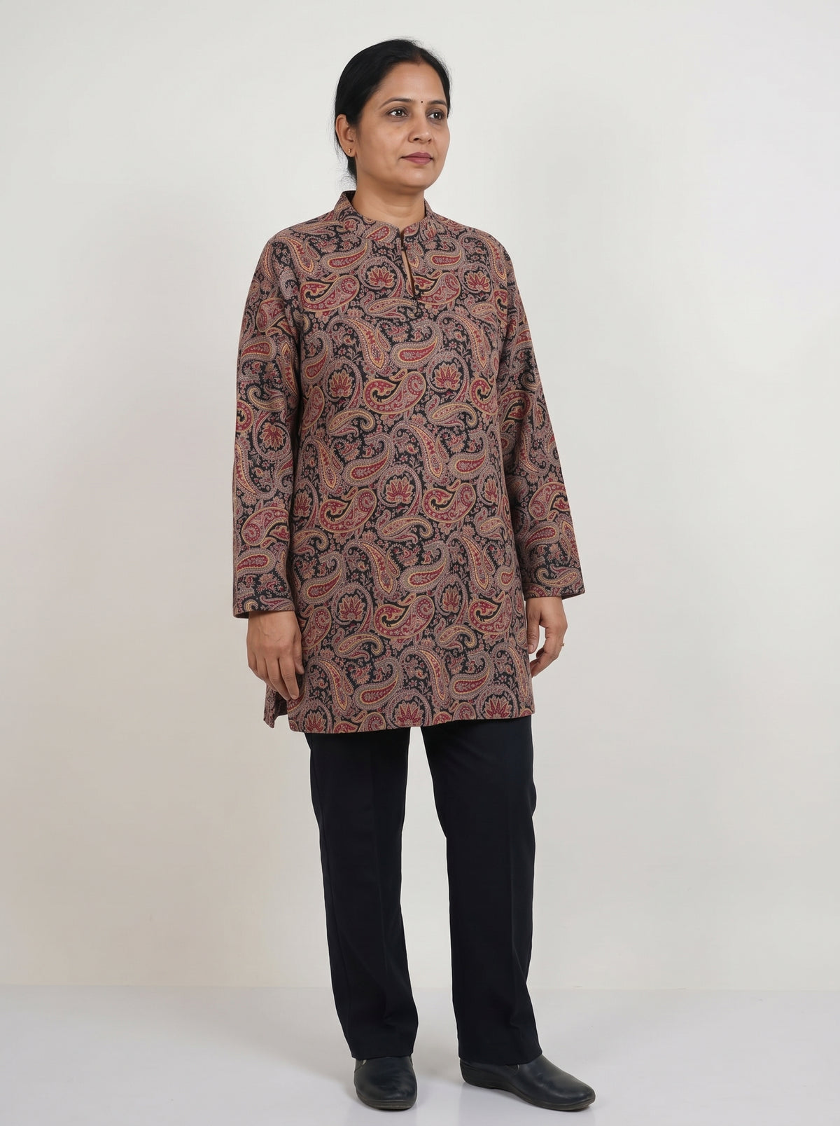 Peachmode Brown Woolen Paisley Printed Kurti - Image 1