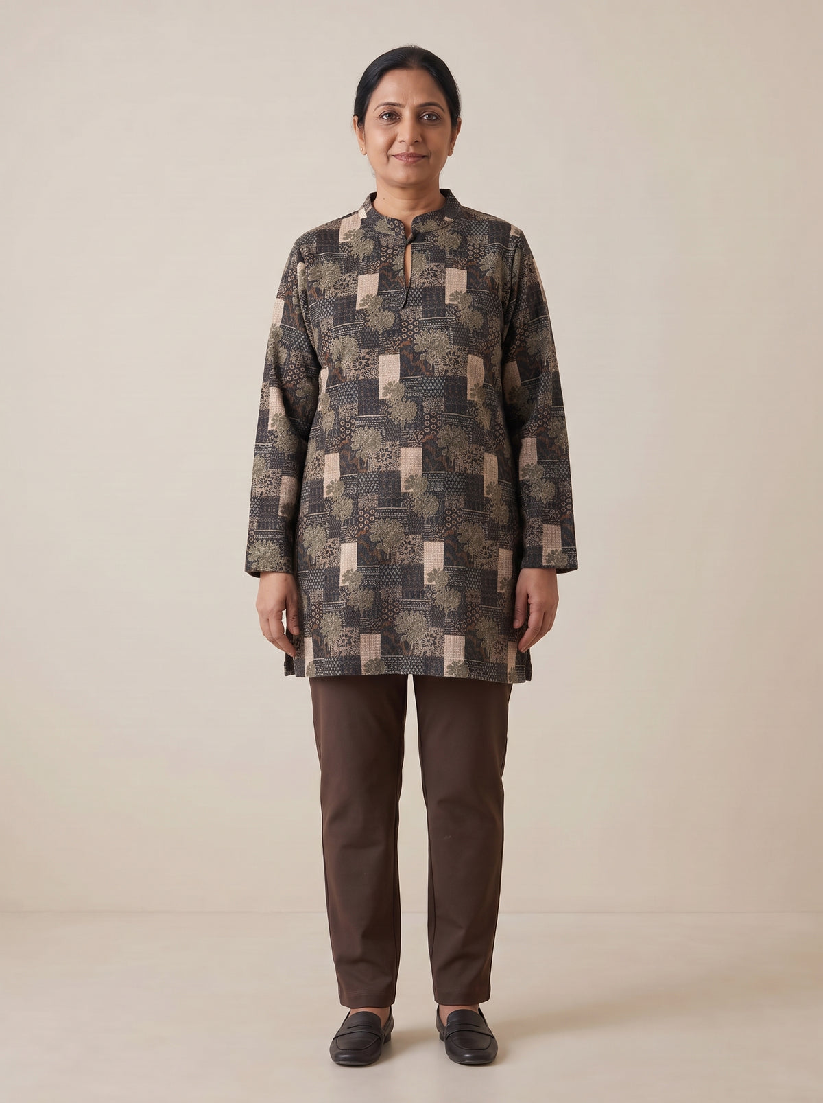 Peachmode Beige Woolen Floral Patchwork Printed Kurti - Image 2