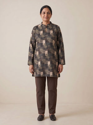 Peachmode Beige Woolen Floral Patchwork Printed Kurti - Image 2