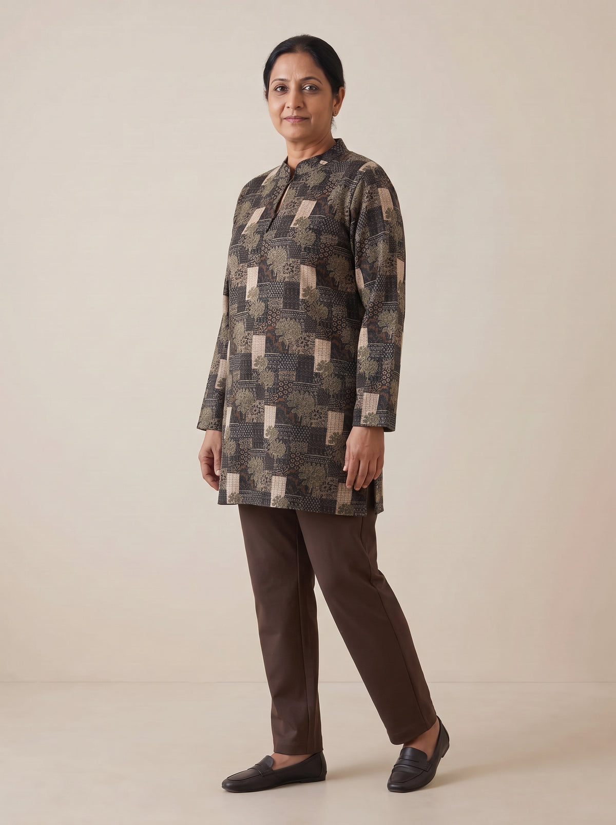 Peachmode Beige Woolen Floral Patchwork Printed Kurti - Image 3