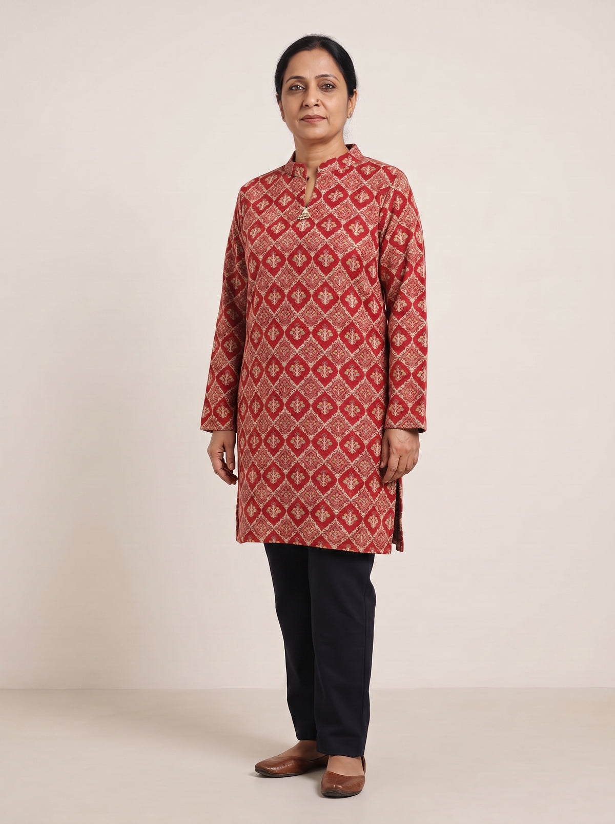 Peachmode Red Woolen Geometric Floral Printed Kurti - Image 2