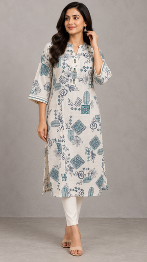 Peachmode Blue Printed Viscose Blend Kurti - Image 1