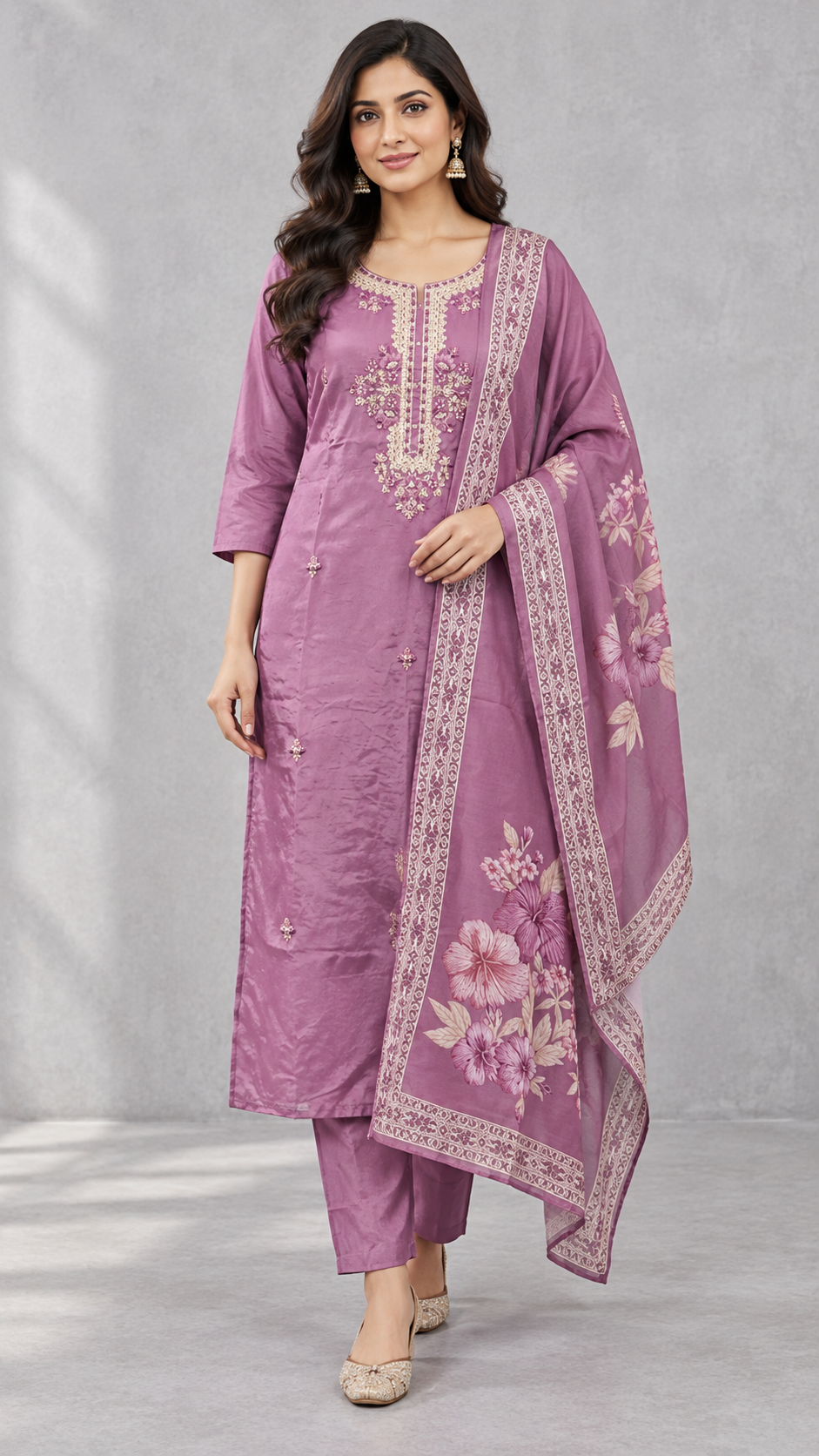 Peachmode Lilac Muslin Embroidered Salwar Suit - Image 1