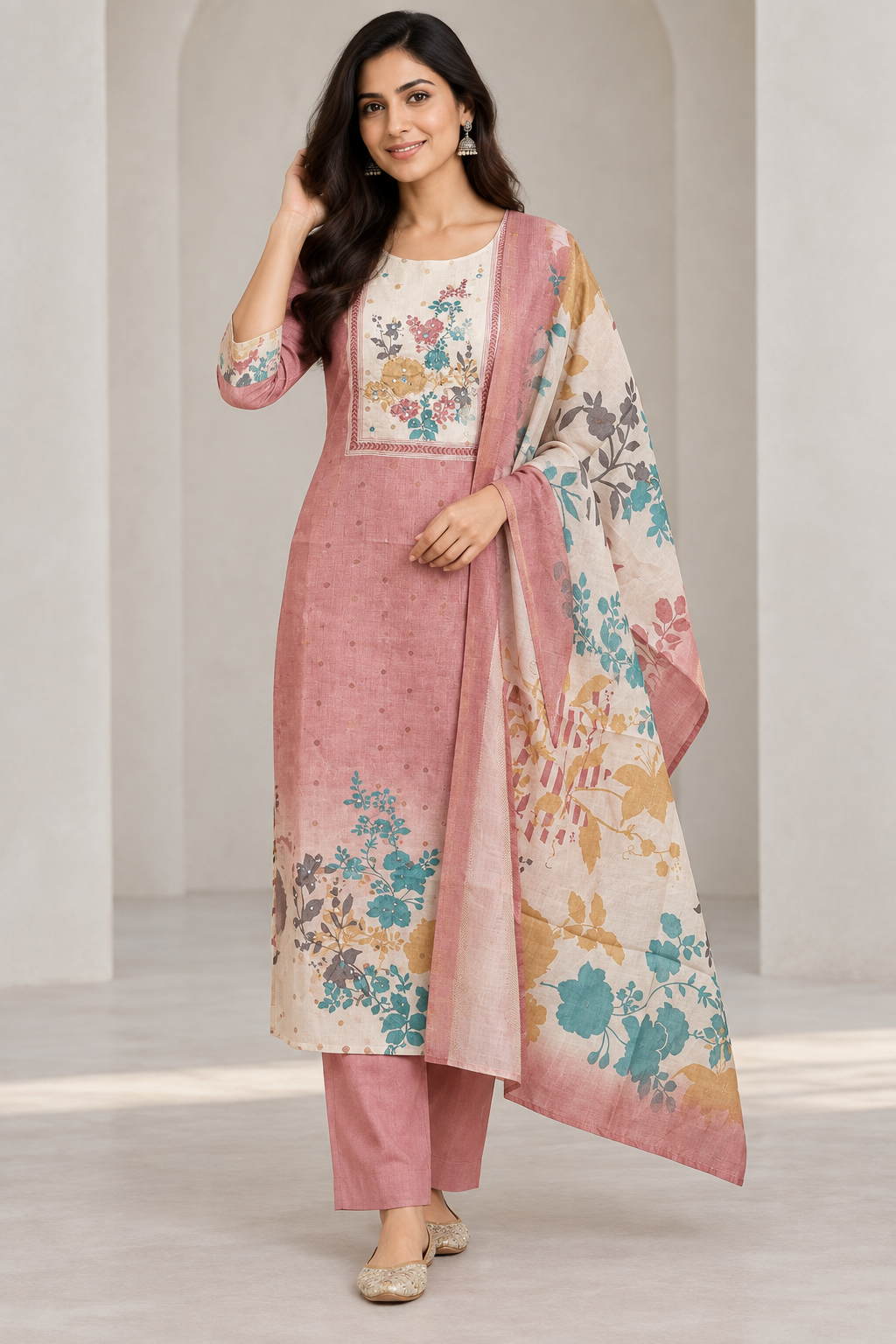 Peachmode Dusty Rose Viscose Blend Embroidered Salwar Suit - Image 1